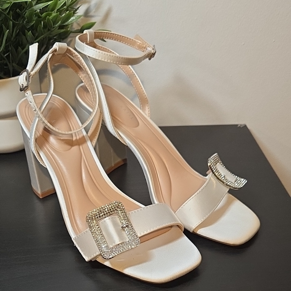 Kelly & Katie White Strappy Heels with Rhinestone Buckle